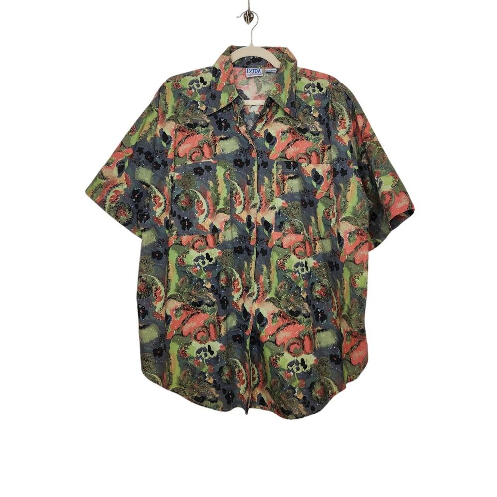 Vintage 80s 90s Button Shirt Extra 20W Oversized Dad Abstract Nature Art Floral